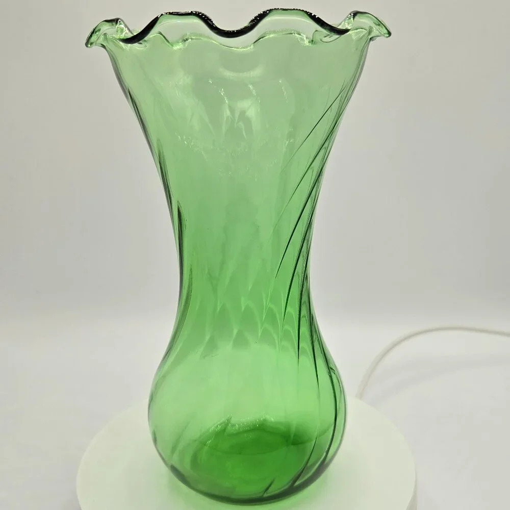 Vintage Anchor Hocking  Green Spiral Vase, Retro Glass Flower Vase, Unique Swirl